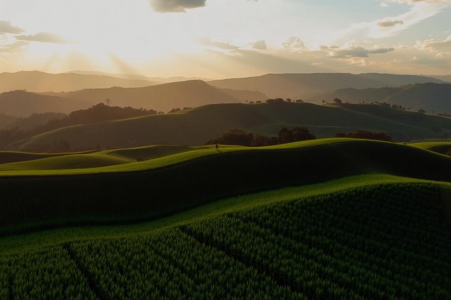 Rolling green Rwandan farmland at golden hour
